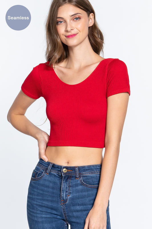 Women Round Neck Cross Back Rib Seamless Crop Top Short Sleeve Stretch T-Shirt