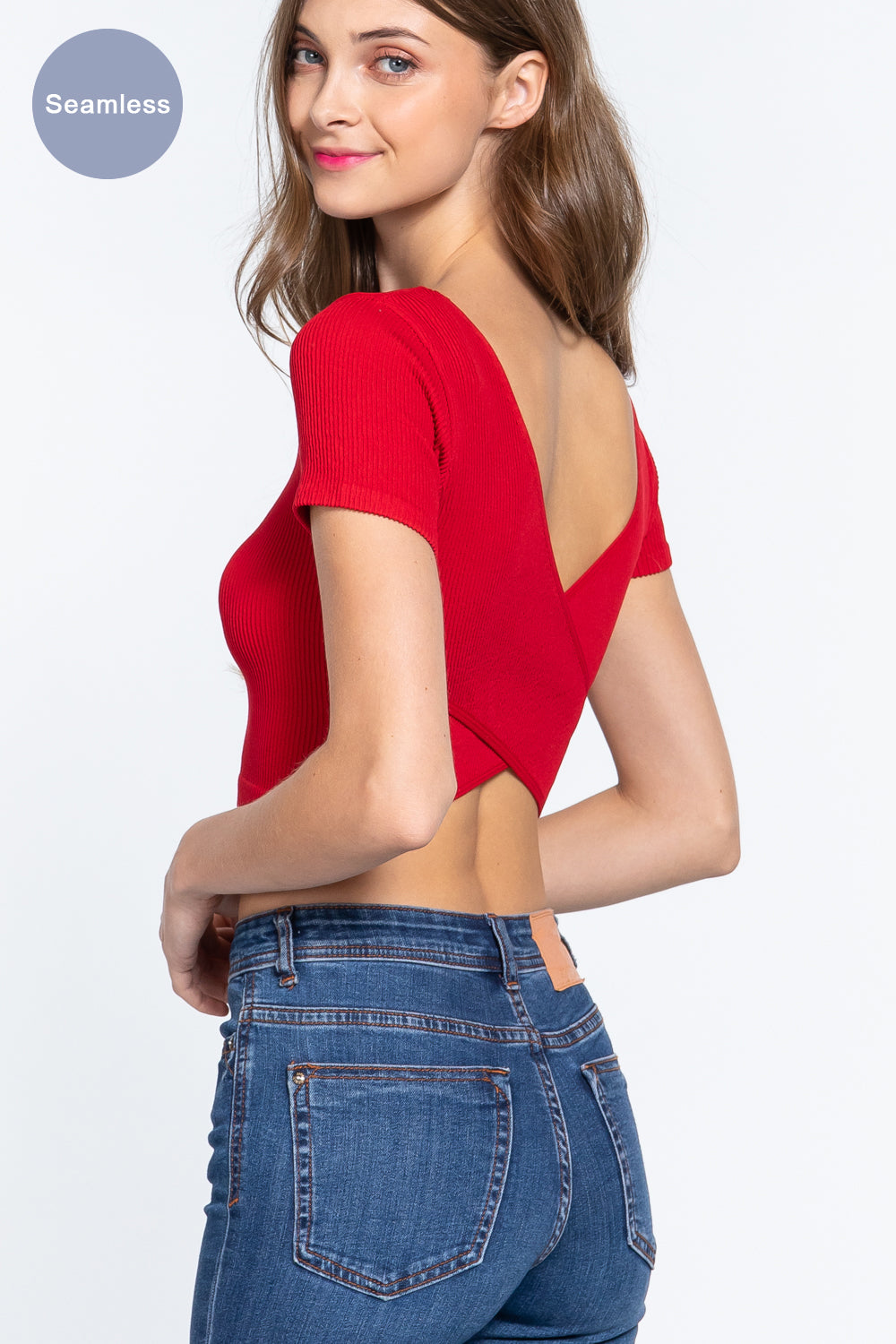 Women Round Neck Cross Back Rib Seamless Crop Top Short Sleeve Stretch T-Shirt