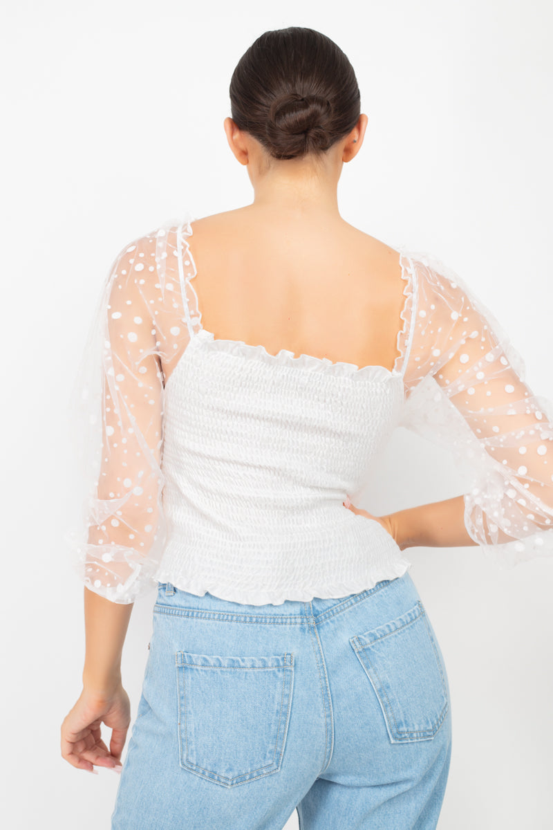 Women's Square Ruffled Neck Smocking Top Long Mesh Sleeves Blouse Shirt Solid
