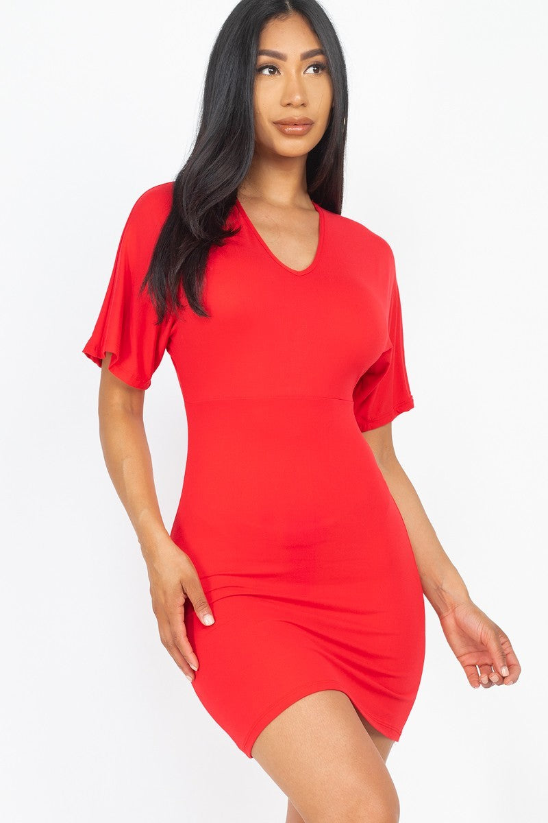 Women's V-neck Mini Dress Dolman Short Sleeves Soft Stretch Bodycon Dress Top
