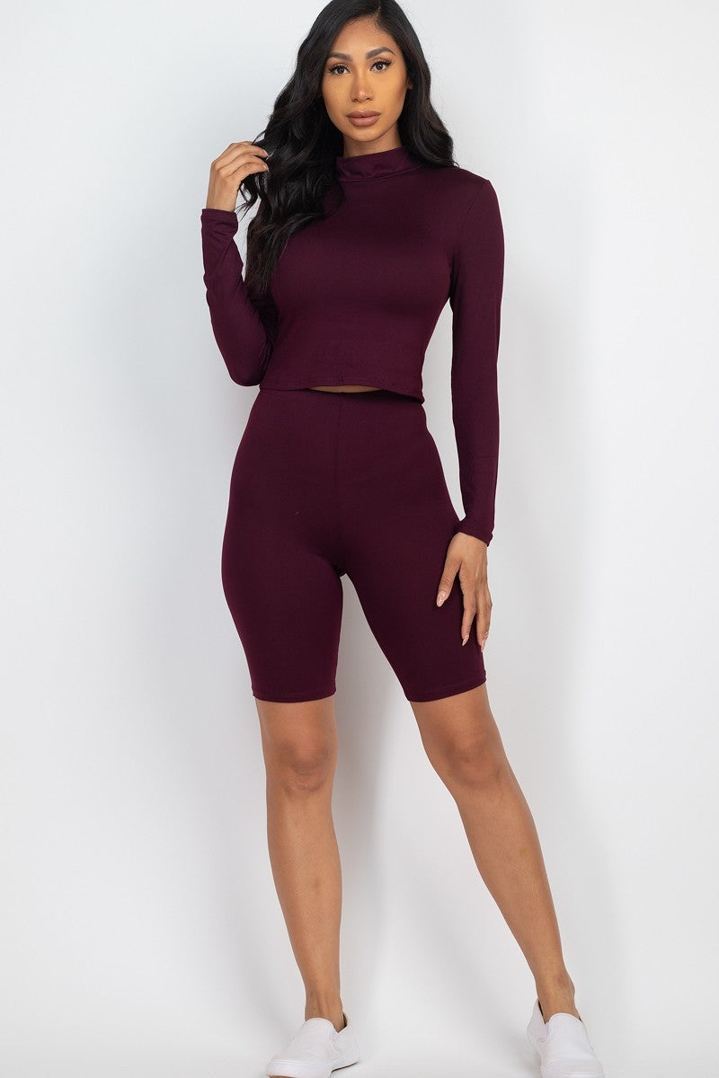 Women's Mock Neck Shirt Long Sleeve Bodycon Top & Biker Shorts Set Stretch Solid