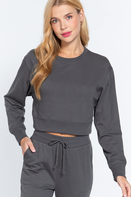 Women's Cropped Long Sleeve Crew Neck Pullover Sweatshirt Solid Cotton Loose Top