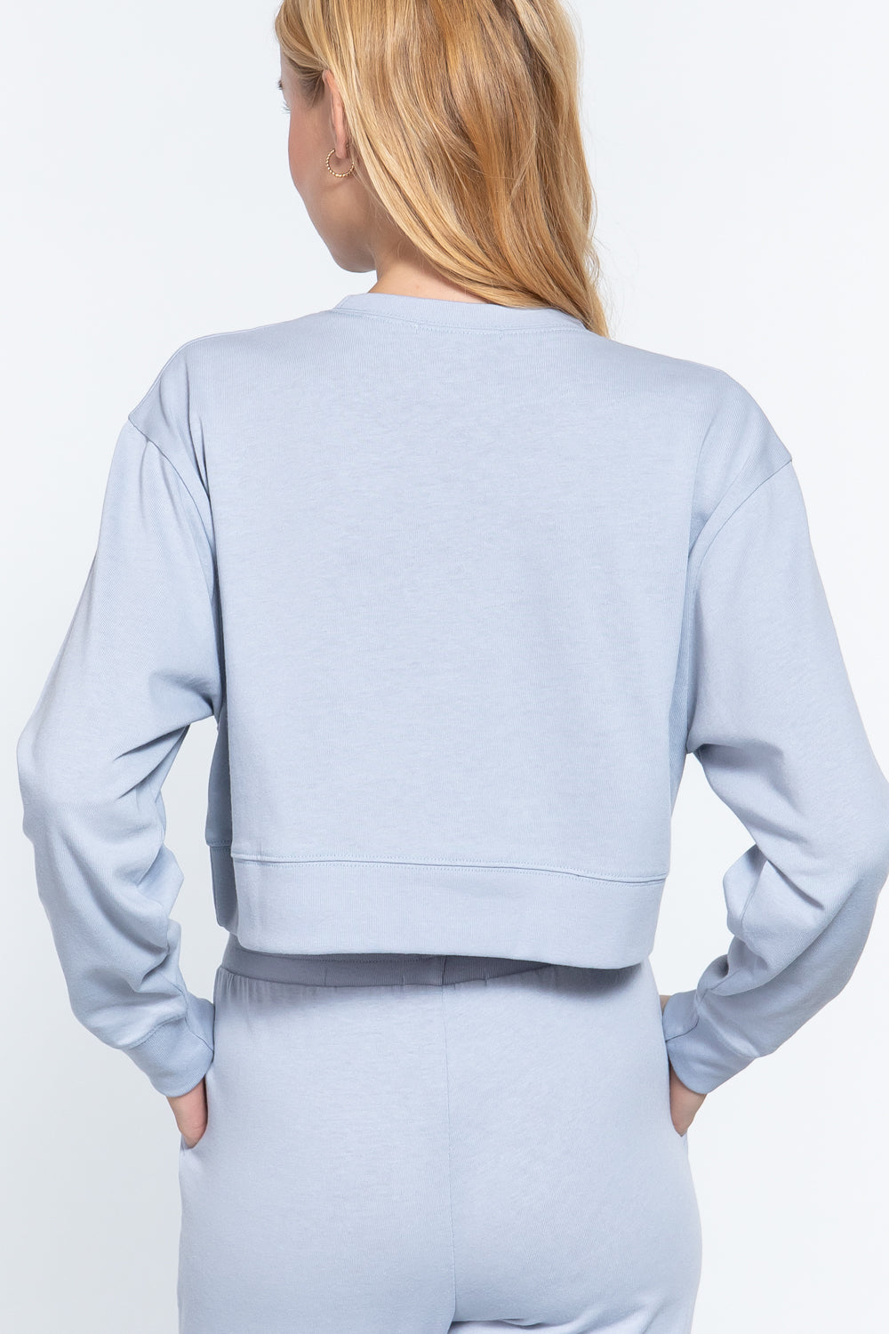 Women's Cropped Long Sleeve Crew Neck Pullover Sweatshirt Solid Cotton Loose Top