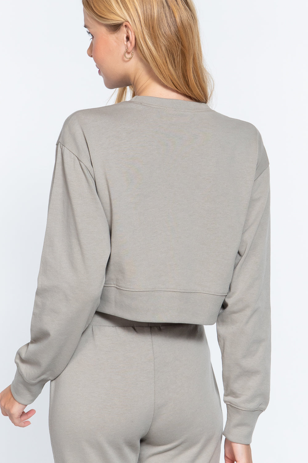 Women's Cropped Long Sleeve Crew Neck Pullover Sweatshirt Solid Cotton Loose Top