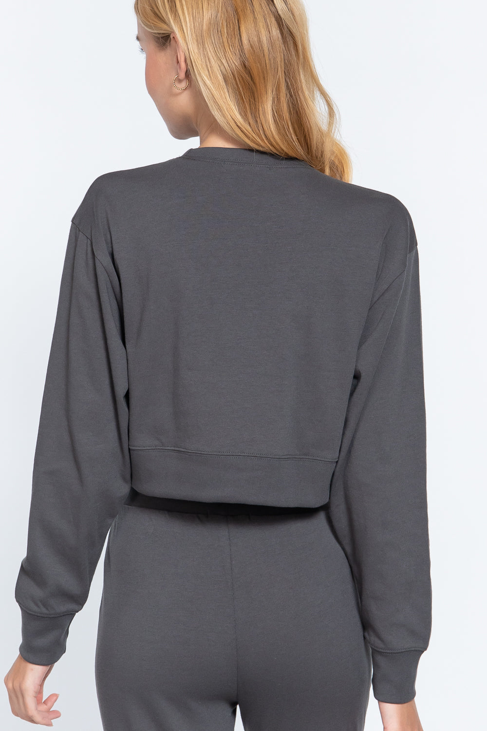 Women's Cropped Long Sleeve Crew Neck Pullover Sweatshirt Solid Cotton Loose Top