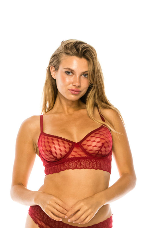 Women's Mesh Underwire Bra See Through Adjustable Lace trim (Rhubarb)