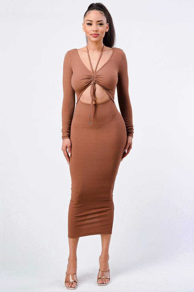 Women's Front Shirring Cut-out Midi Dress Soft Long Sleeved V-Neck Bodycon