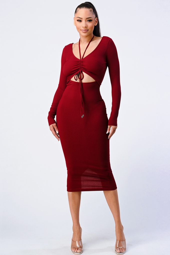 Women's Front Shirring Cut-out Midi Dress Soft Long Sleeved V-Neck Bodycon