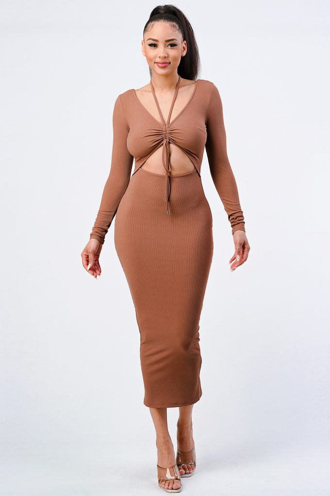 Women's Front Shirring Cut-out Midi Dress Soft Long Sleeved V-Neck Bodycon