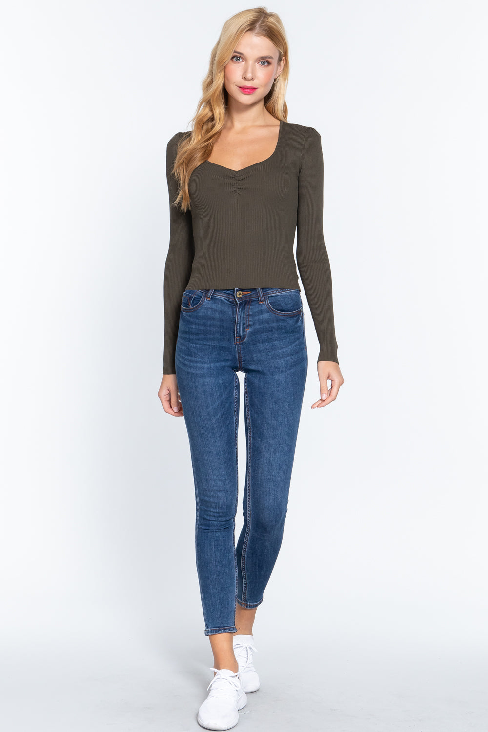 Women's Shirring Sweatheart Neck Sweater Soft Rayon Long Sleeve Cropped