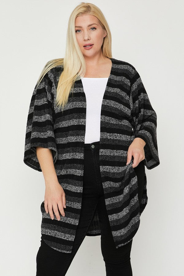 Women Striped Open Front Cardigan Sweater Side Slit Long Kimono Sleeve (1XL-3XL)