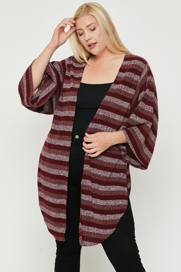 Women Striped Open Front Cardigan Sweater Side Slit Long Kimono Sleeve (1XL-3XL)