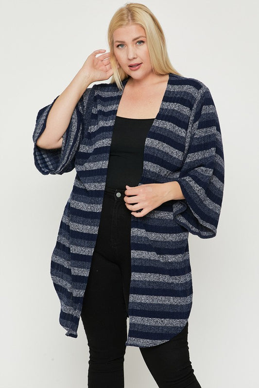 Women Striped Open Front Cardigan Sweater Side Slit Long Kimono Sleeve (1XL-3XL)