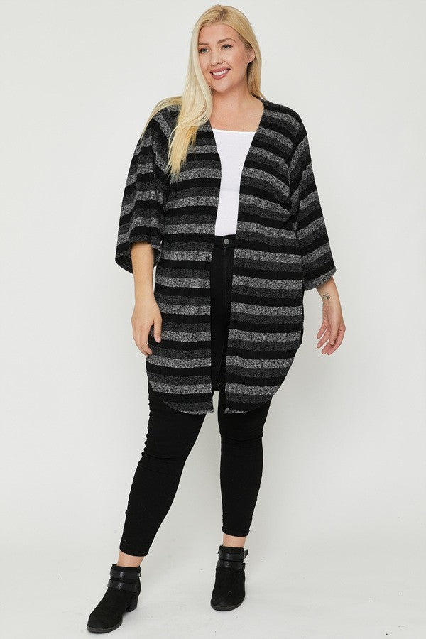 Women Striped Open Front Cardigan Sweater Side Slit Long Kimono Sleeve (1XL-3XL)