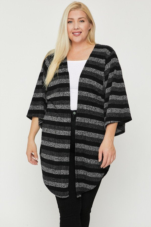 Women Striped Open Front Cardigan Sweater Side Slit Long Kimono Sleeve (1XL-3XL)