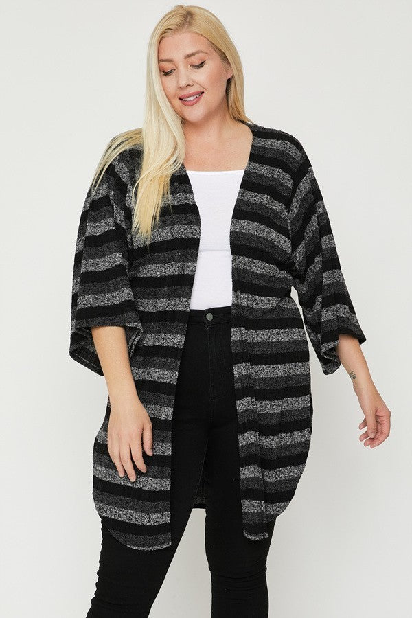Women Striped Open Front Cardigan Sweater Side Slit Long Kimono Sleeve (1XL-3XL)