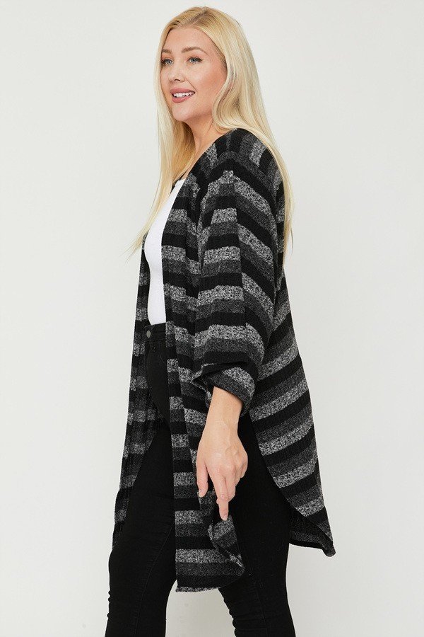 Women Striped Open Front Cardigan Sweater Side Slit Long Kimono Sleeve (1XL-3XL)