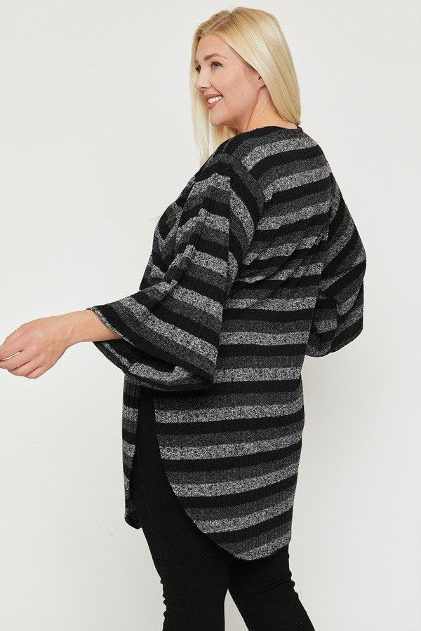 Women Striped Open Front Cardigan Sweater Side Slit Long Kimono Sleeve (1XL-3XL)
