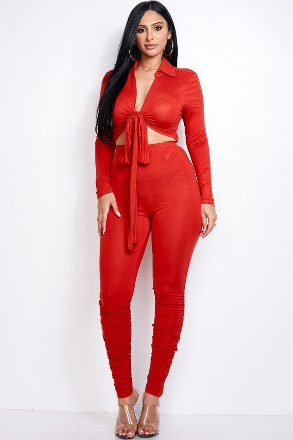 Women's Long Sleeve Collared Tie Front Top & Ruched Leggings Pants Two Piece Set