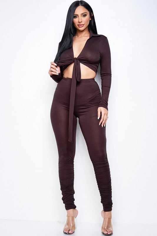 Women's Long Sleeve Collared Tie Front Top & Ruched Leggings Pants Two Piece Set