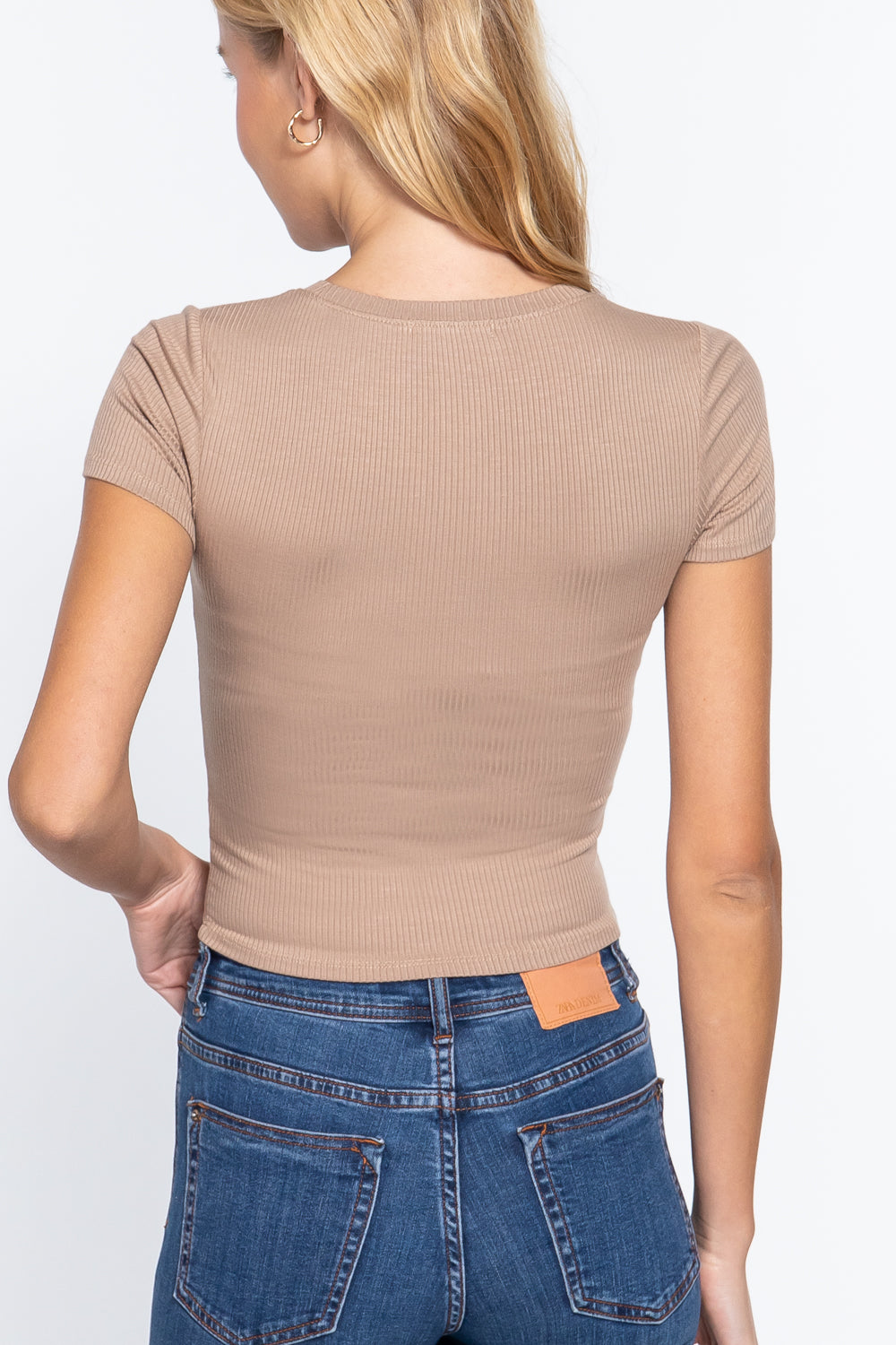 Women's Short Sleeve Crew Neck Rib Cropped Top T-Shirt Soft Tee - Khaki