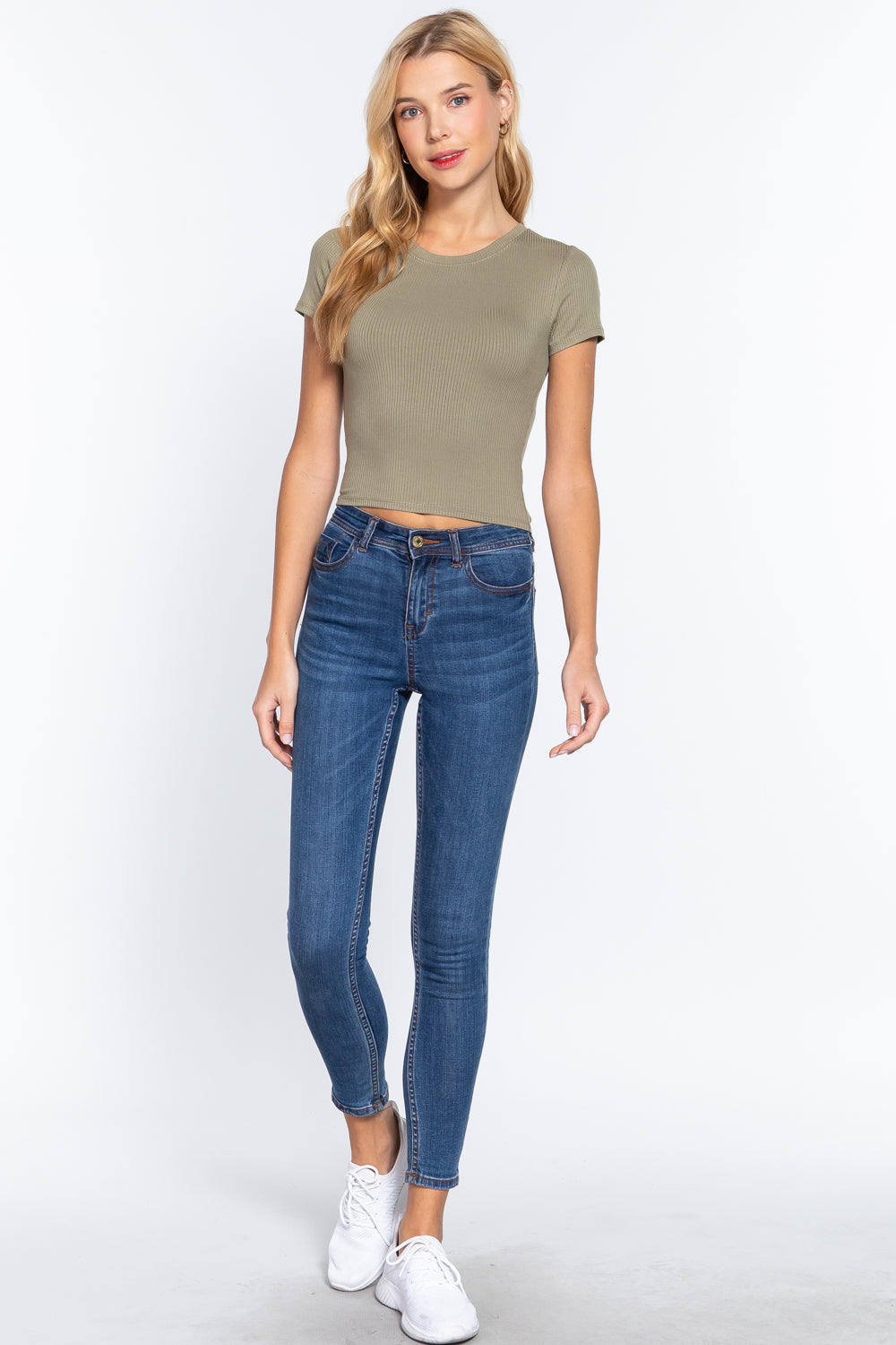 Women's Short Sleeve Crew Neck Rib Cropped Top T-Shirt Soft Tee - Olive Green