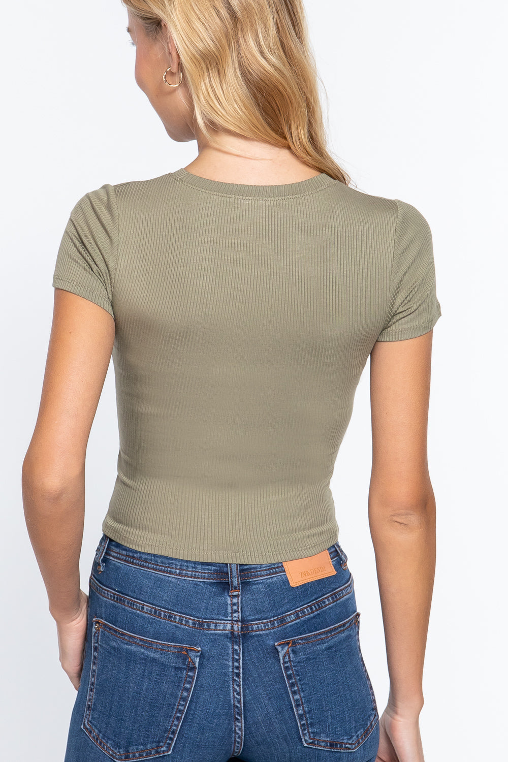 Women's Short Sleeve Crew Neck Rib Cropped Top T-Shirt Soft Tee - Olive Green