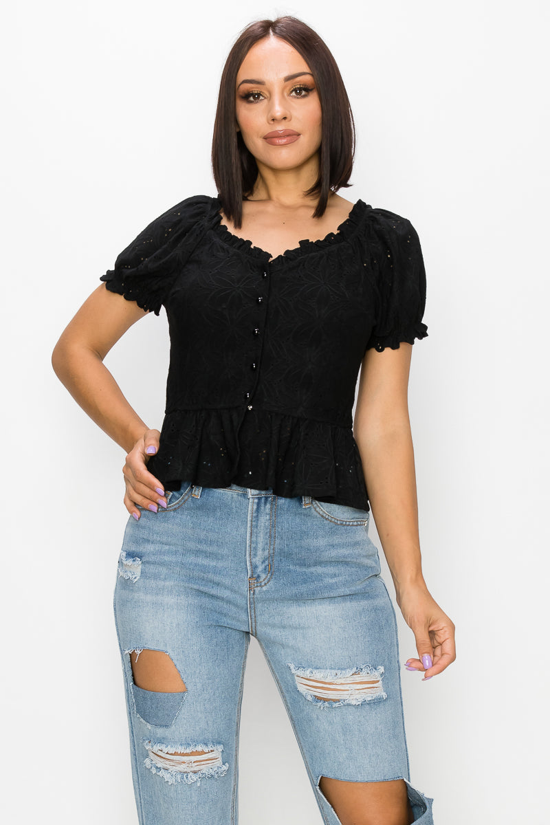 Women's Peplum Eyelet Puff Sleeve Top Black