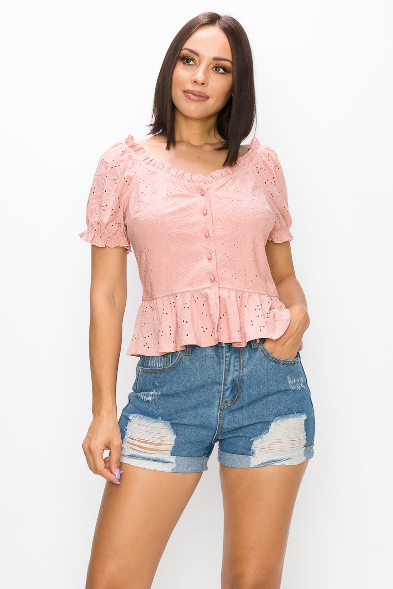Women's Peplum Eyelet Puff Sleeve Top Pink