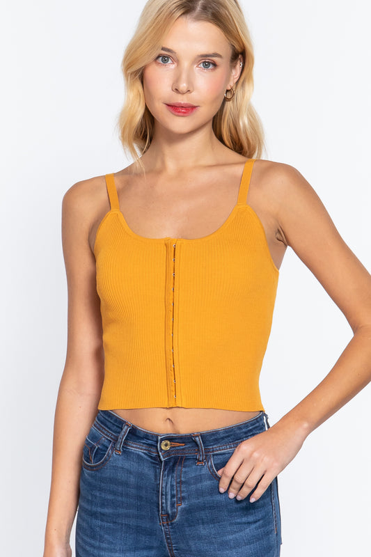 Women's Front Closure Hooks Sweater Cami Top Cropped Stretchy Fitted Yellow
