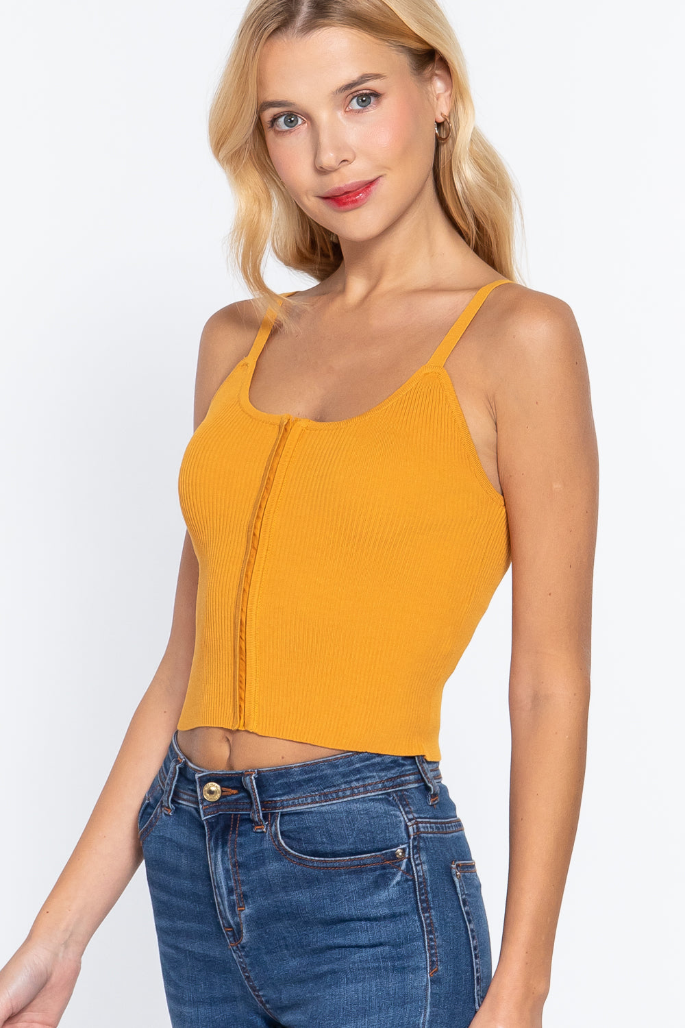 Women's Front Closure Hooks Sweater Cami Top Cropped Stretchy Fitted Yellow