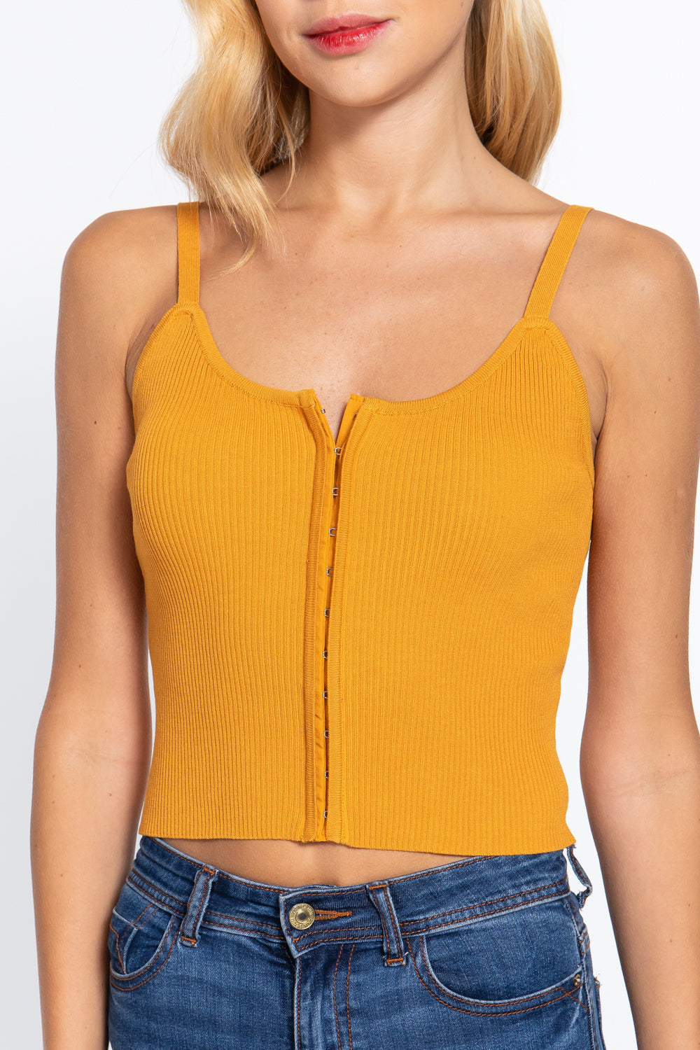 Women's Front Closure Hooks Sweater Cami Top Cropped Stretchy Fitted Yellow