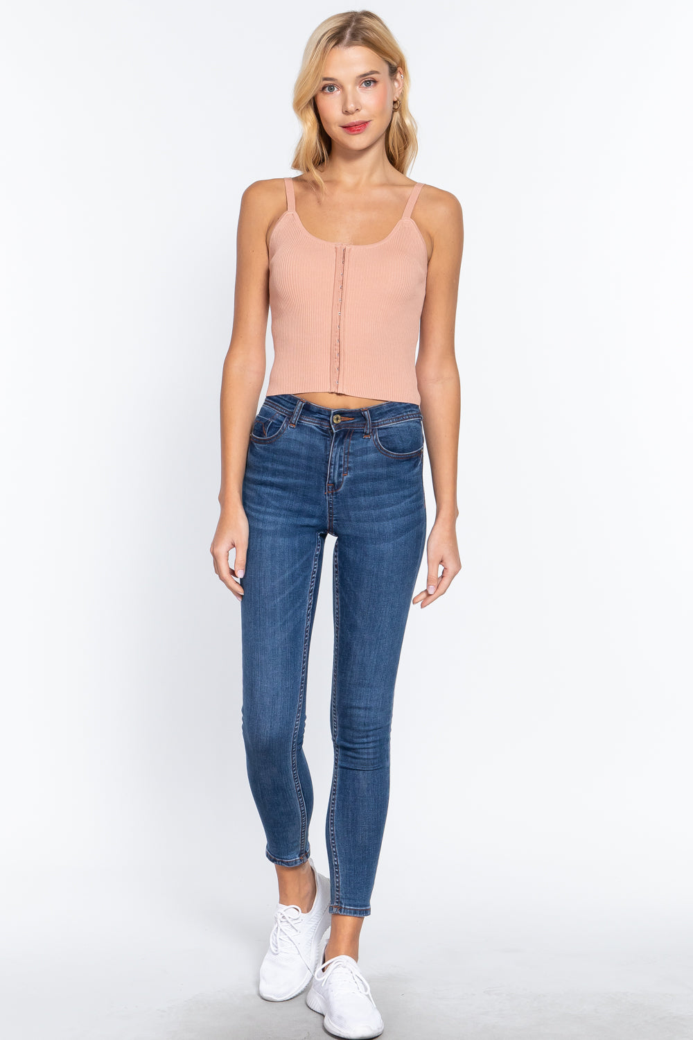 Women's Front Closure Hooks Sweater Cami Top Cropped Stretchy Fitted Pearl Pink