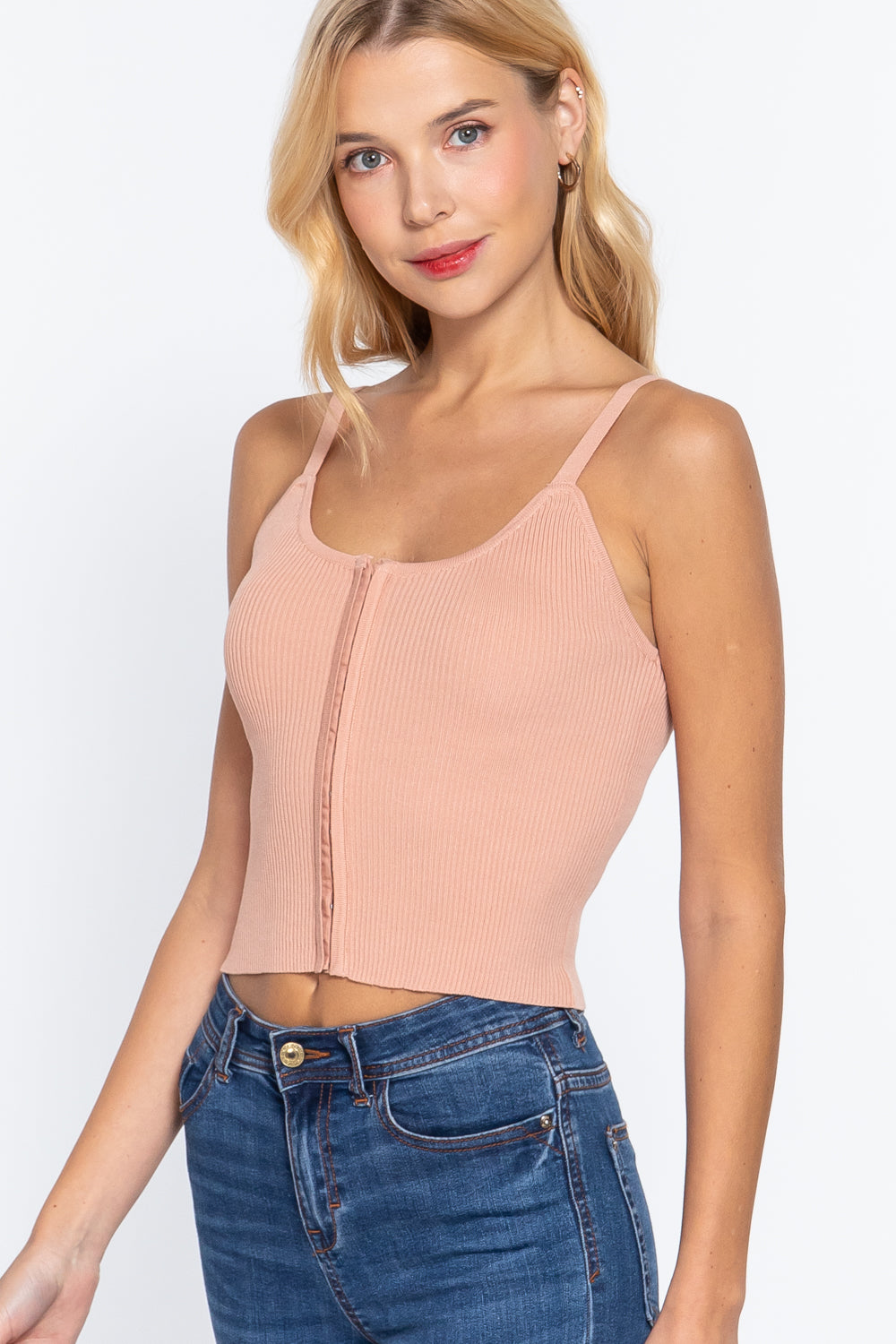 Women's Front Closure Hooks Sweater Cami Top Cropped Stretchy Fitted Pearl Pink