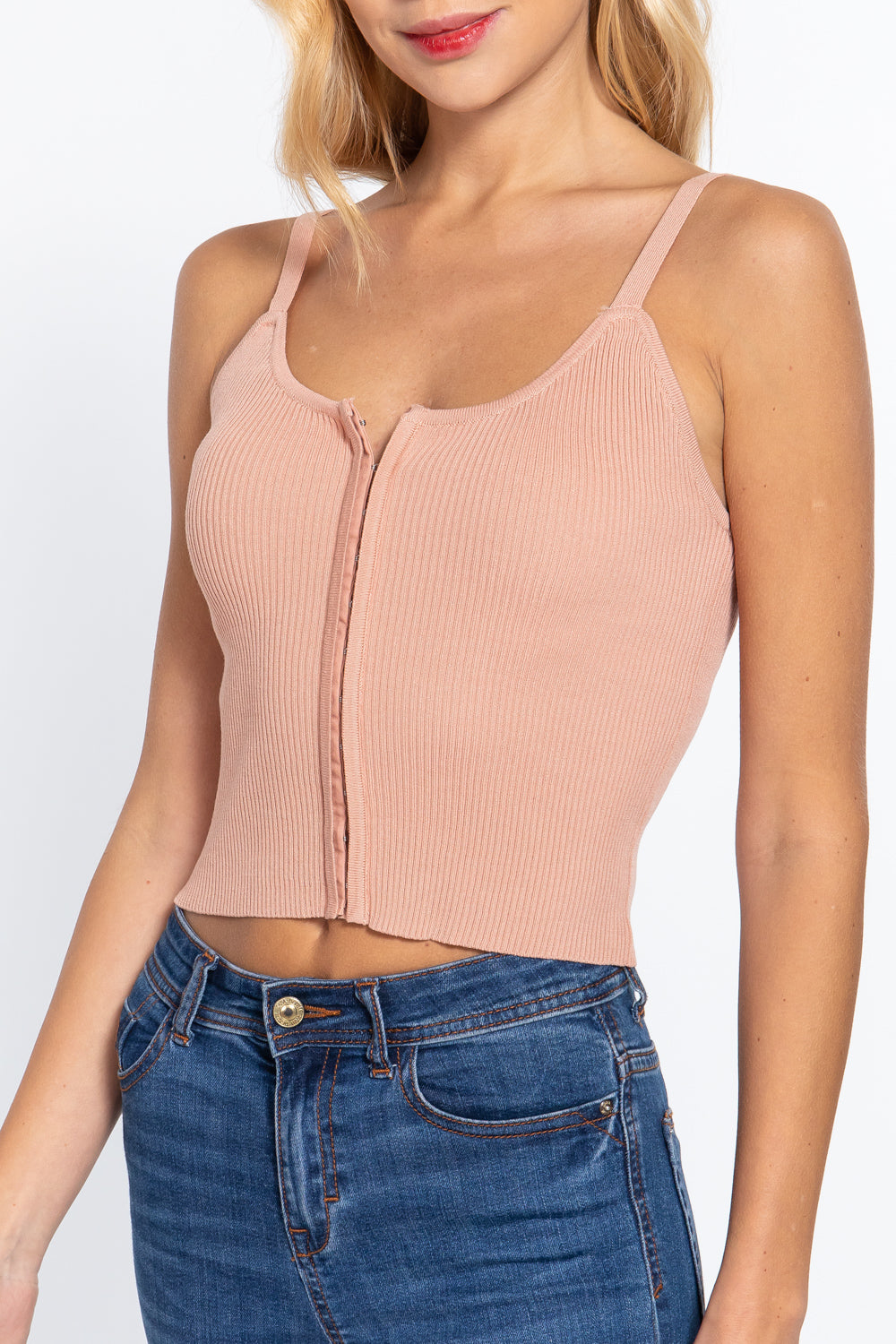 Women's Front Closure Hooks Sweater Cami Top Cropped Stretchy Fitted Pearl Pink