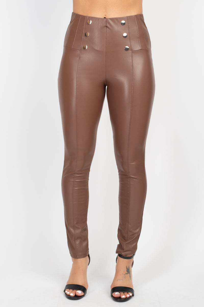 Women's Button-detail Faux Leather Skinny Pants - Dark Brown