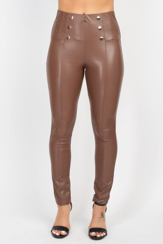 Women's Button-detail Faux Leather Skinny Pants - Dark Brown