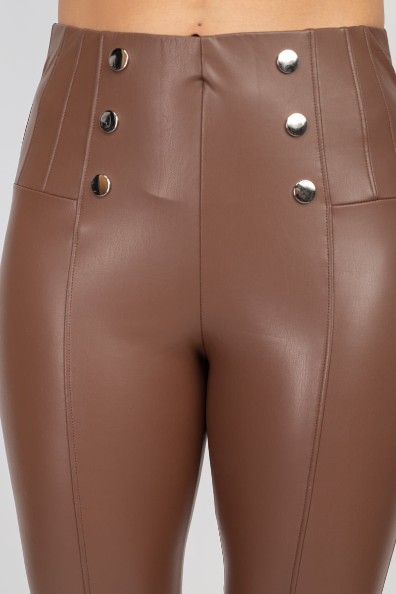 Women's Button-detail Faux Leather Skinny Pants - Dark Brown