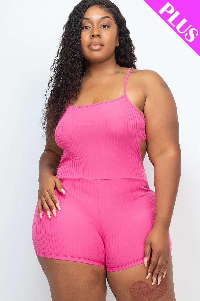 Women Plus Ribbed Bodycon Active Romper Cami Strap Cutout Stretch (1X,2X,3X)