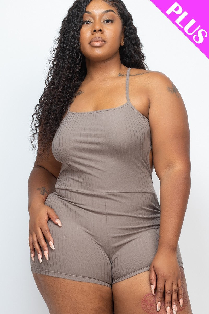 Women Plus Ribbed Bodycon Active Romper Cami Strap Cutout Stretch (1X,2X,3X)