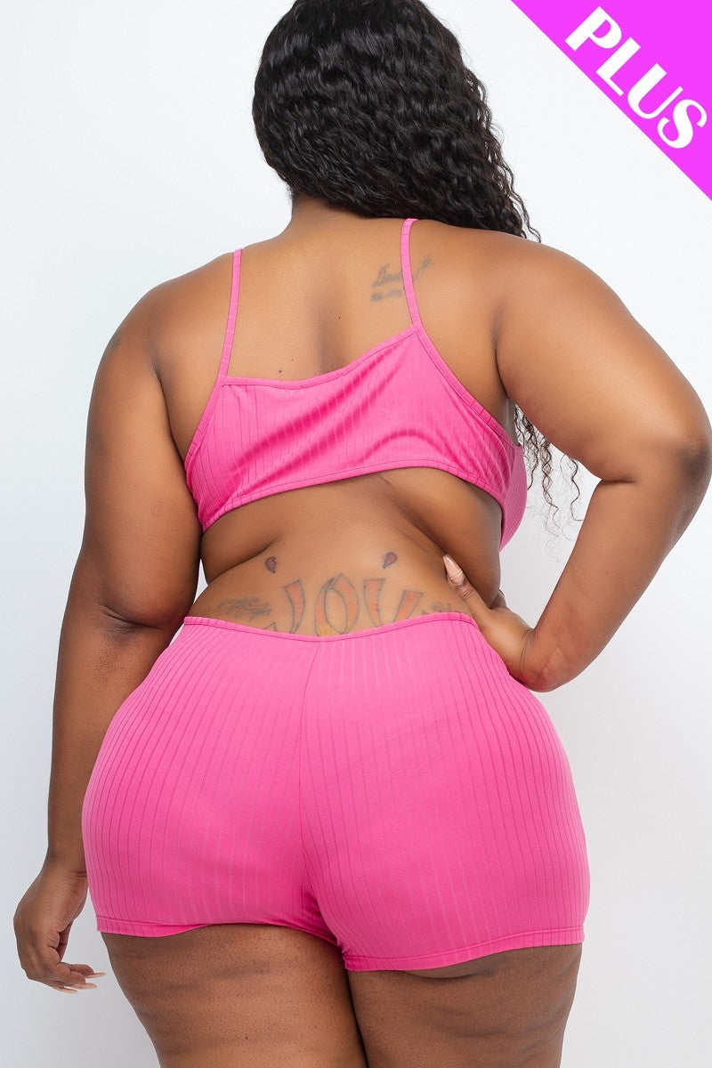 Women Plus Ribbed Bodycon Active Romper Cami Strap Cutout Stretch (1X,2X,3X)