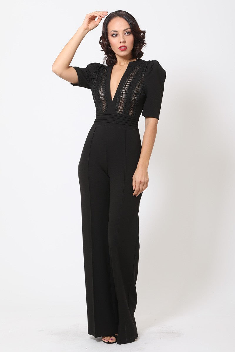 Women's Deep V-neck Crochet Bodice Jumpsuit Front-line Flared Leg (Black)