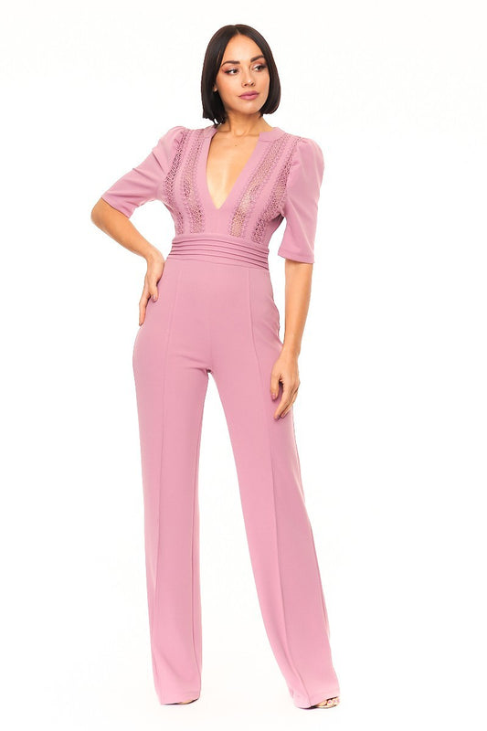 Women's Deep V-neck Crochet Bodice Jumpsuit Front-line Flared Leg (Mauve)