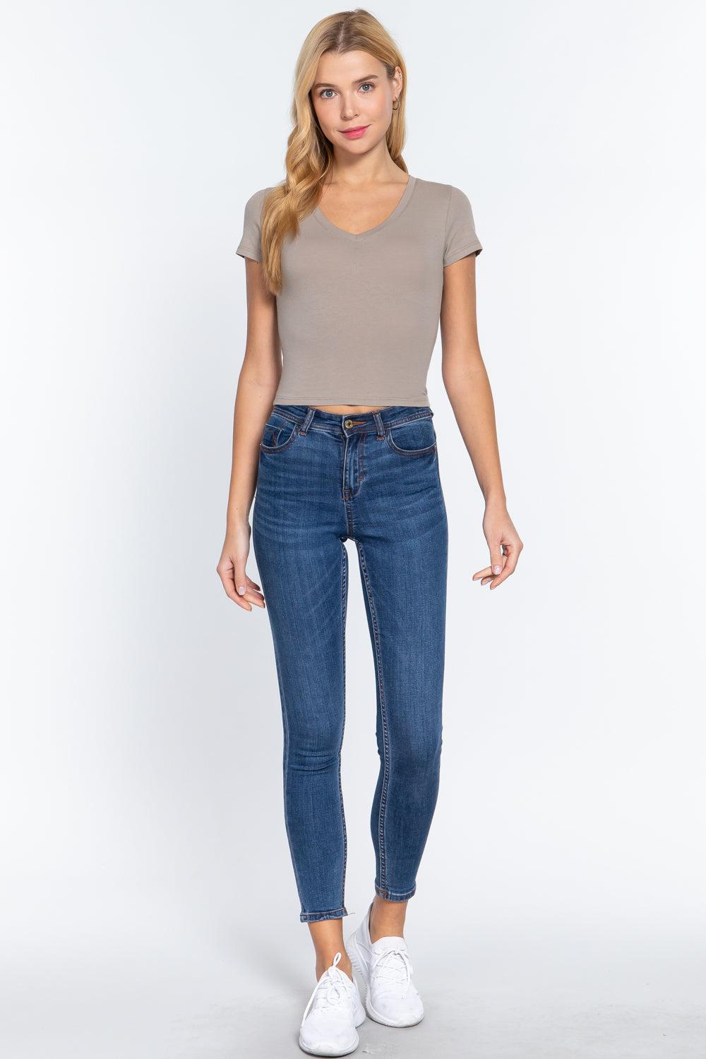 Women's Short Sleeve V-neck Cropped Top T-Shirt Soft Cotton Stretch Knit Tee