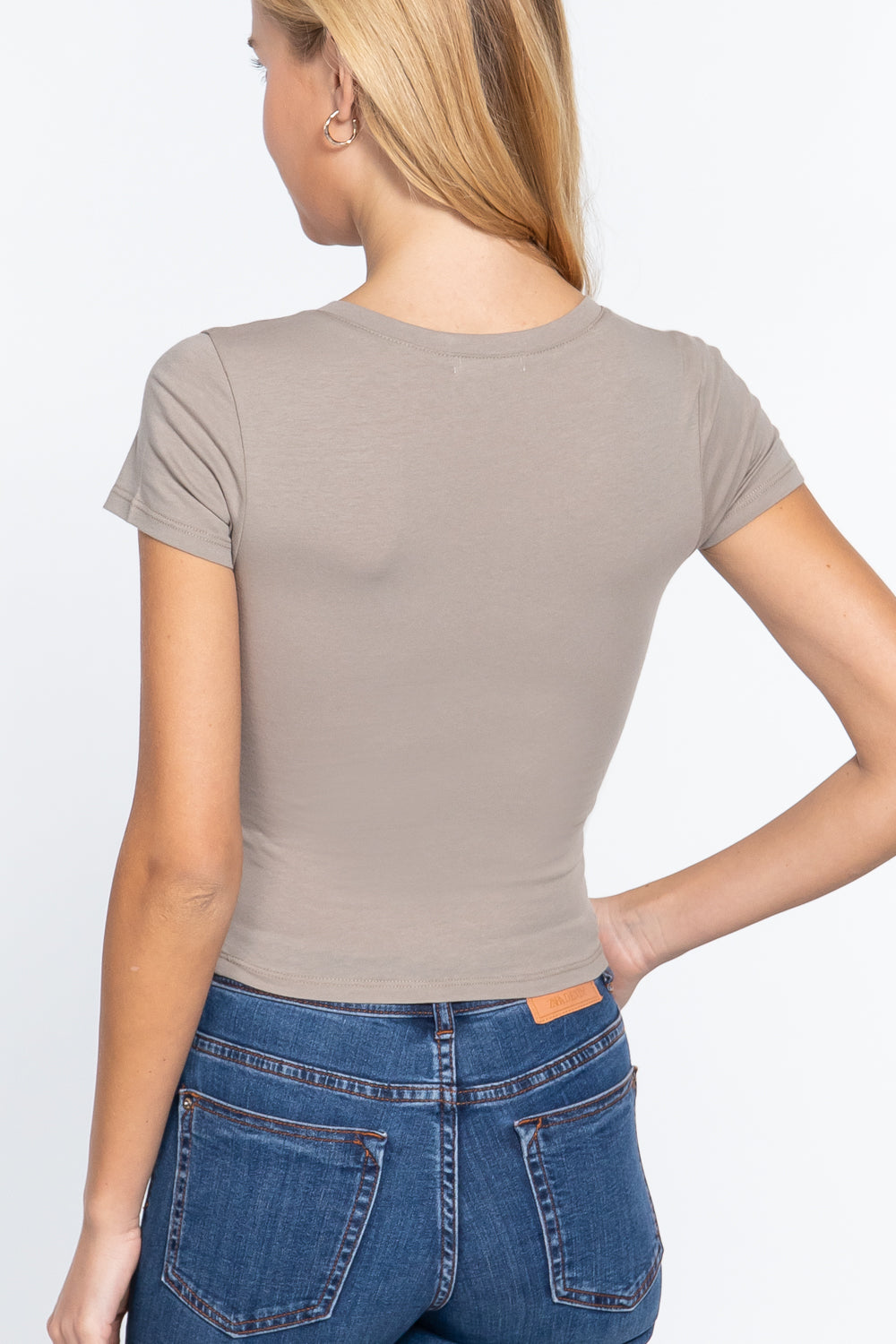 Women's Short Sleeve V-neck Cropped Top T-Shirt Soft Cotton Stretch Knit Tee
