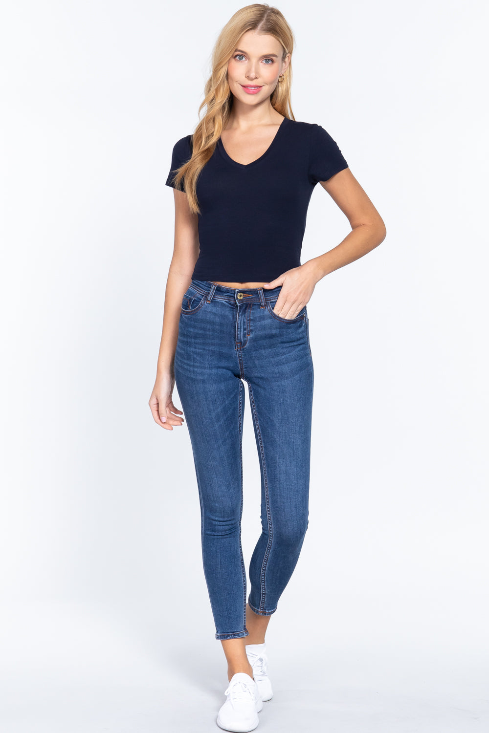 Women's Short Sleeve V-neck Cropped Top T-Shirt Soft Cotton Stretch Knit Tee