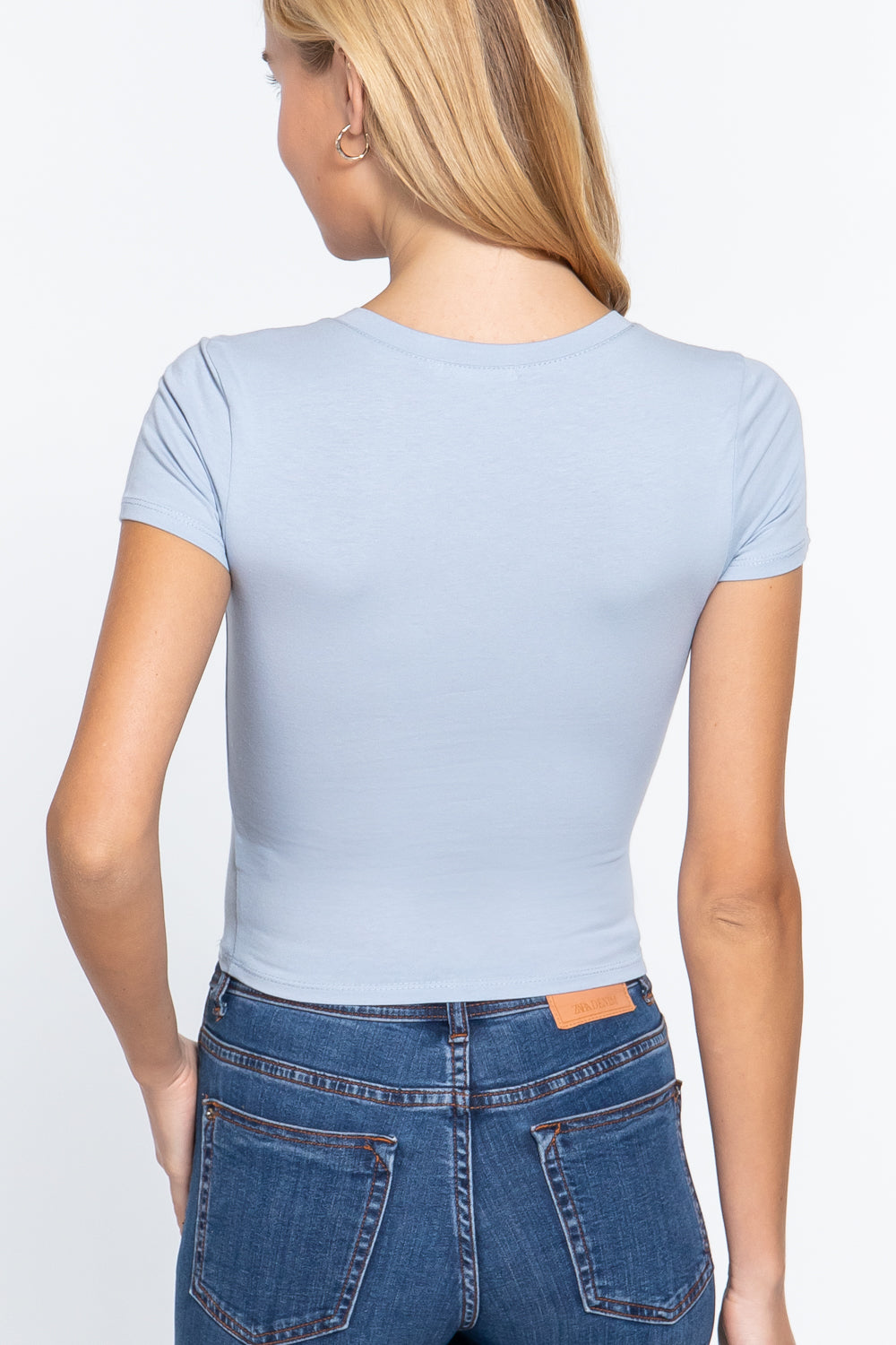 Women's Short Sleeve V-neck Cropped Top T-Shirt Soft Cotton Stretch Knit Tee