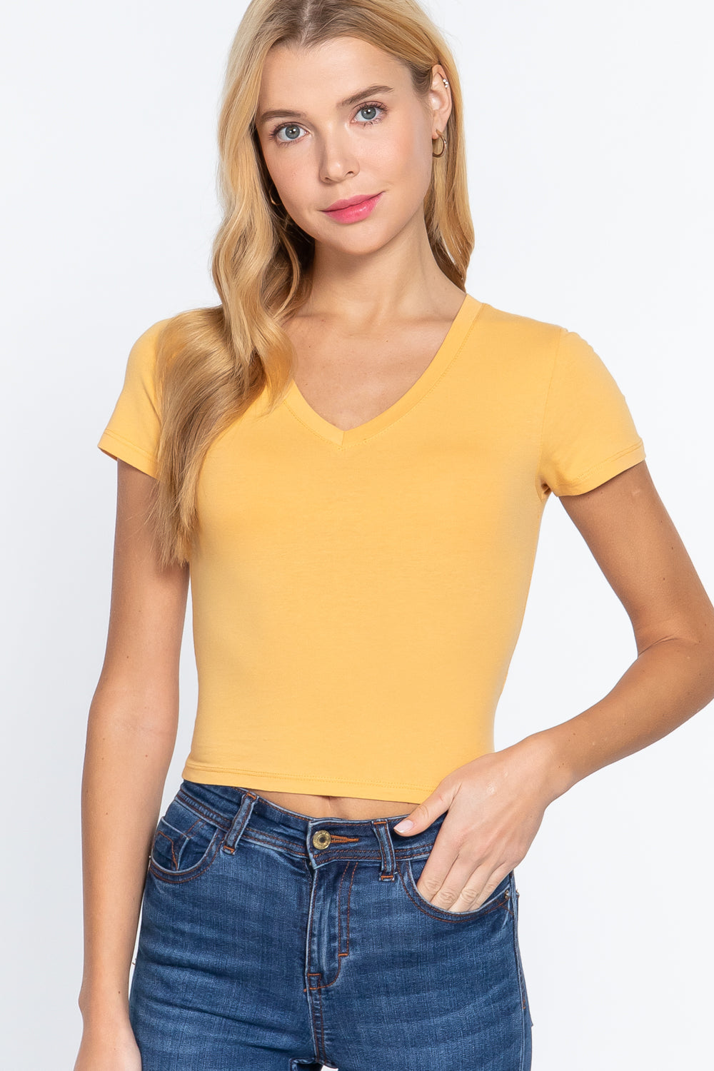 Women's Short Sleeve V-neck Cropped Top T-Shirt Soft Cotton Stretch Knit Tee