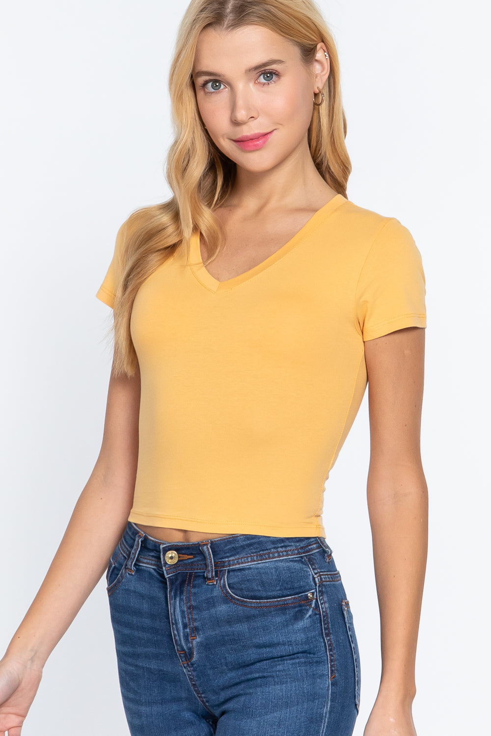 Women's Short Sleeve V-neck Cropped Top T-Shirt Soft Cotton Stretch Knit Tee