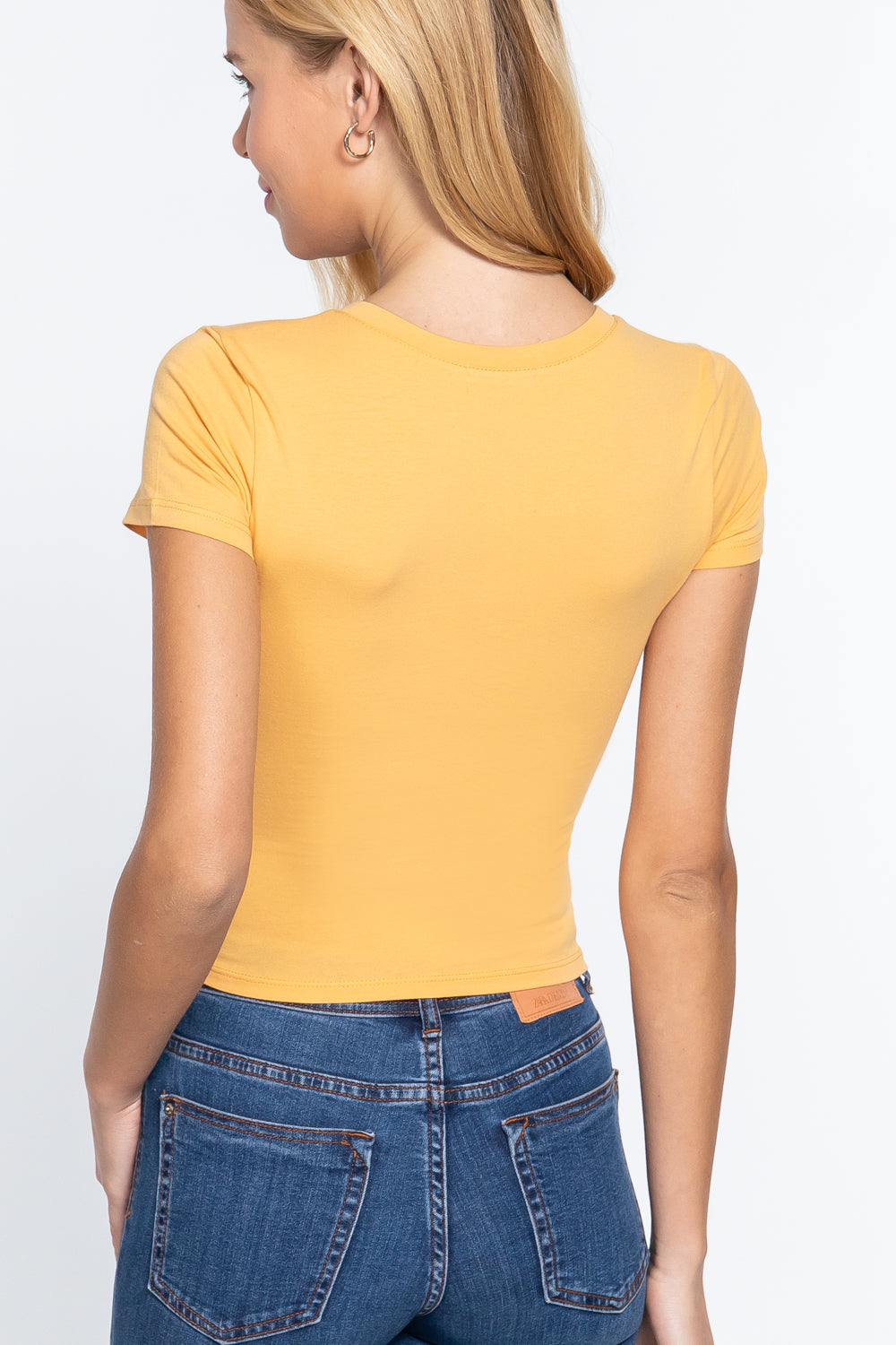 Women's Short Sleeve V-neck Cropped Top T-Shirt Soft Cotton Stretch Knit Tee